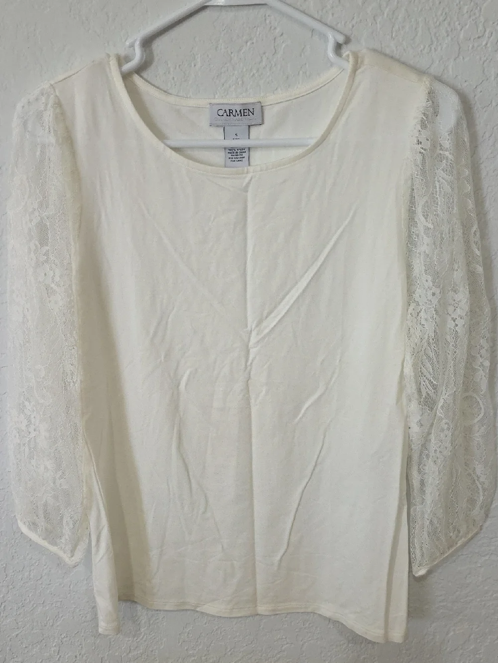 Carmen Marc Valvo Cream Lace-Sleeve Scoop Neck Top Size S - Picture 1 of 3